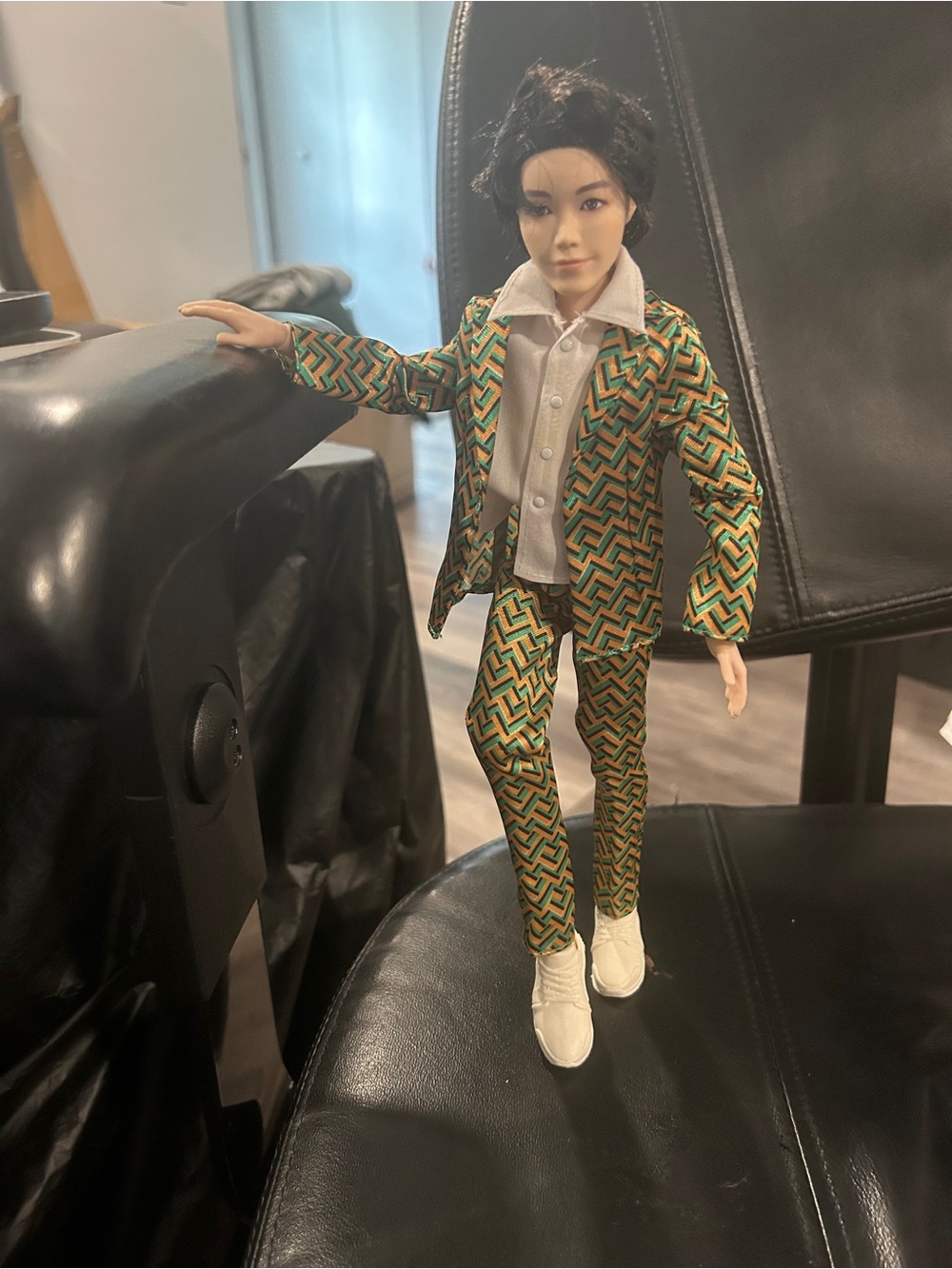 Mattel BTS j-hope fashion doll, dressed in a signature patterned suit